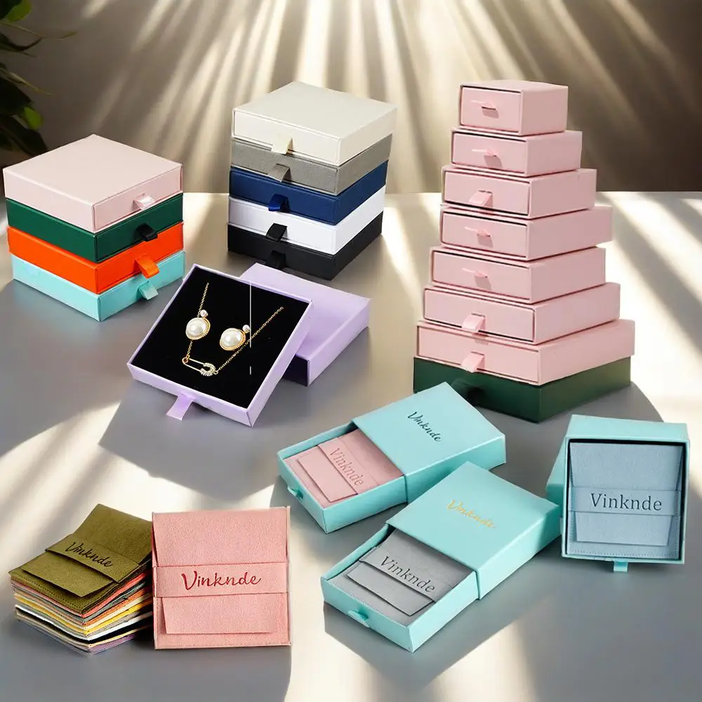 

24set Custom Logo Sliding Drawer Jewelry Wrap Gift Box Microfiber Small Bag Necklace Earring Bracelet Ring Storage Box Dust Sack