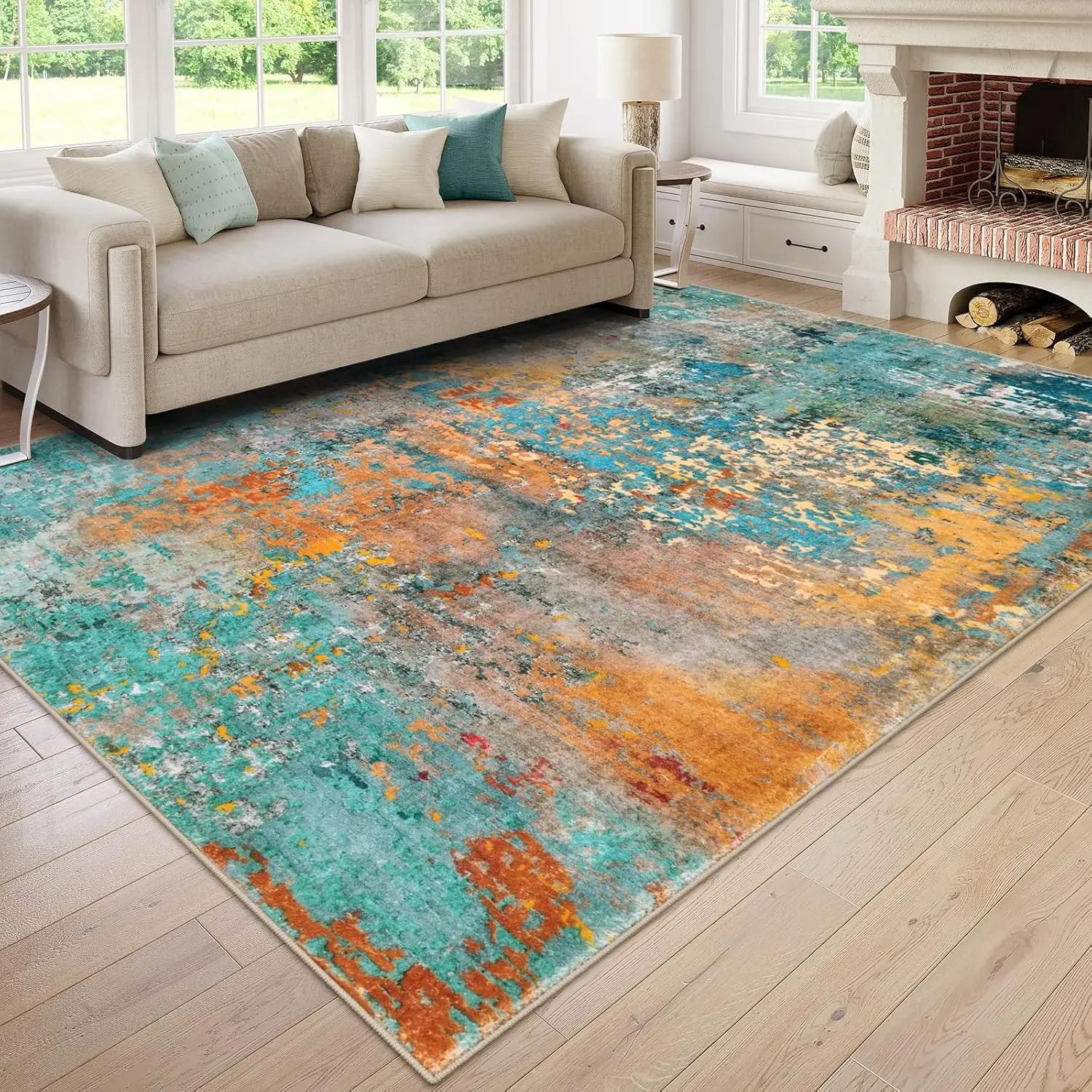 Lahome Modern Abstract 9x12 Area Rug for Living Room, Washable Living Room Rug for Bedroom Low Pile Anti Slip, Colorful Soft