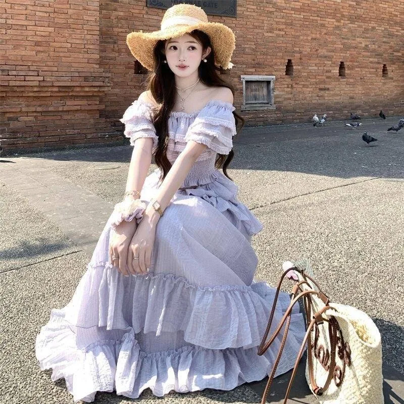 Y2k French Off Shoulder Puff Sleeves Ruffle Smocked Lavender Purple 2 Piece Set Women Skirt Beach Vacation Women's Matching Sets