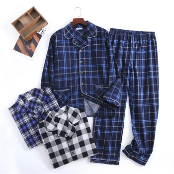 Traje de pantalón cepillado de franela de algodón para hombre, ropa de diseño a cuadros con pijama con botones, ropa para el hogar, otoño e invierno