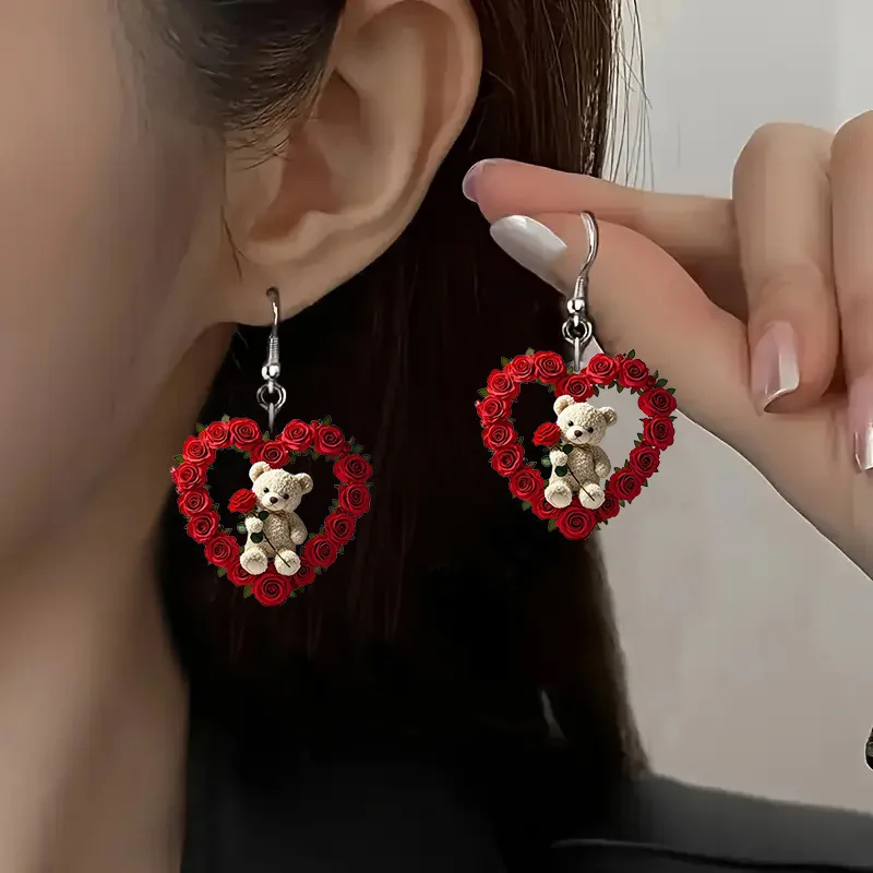 

Fashion Elegance Personality Acrylic Rose Flowers Little Bear Heart Shape Pendant Earring for Women Valentine's Day Jewerly Gift