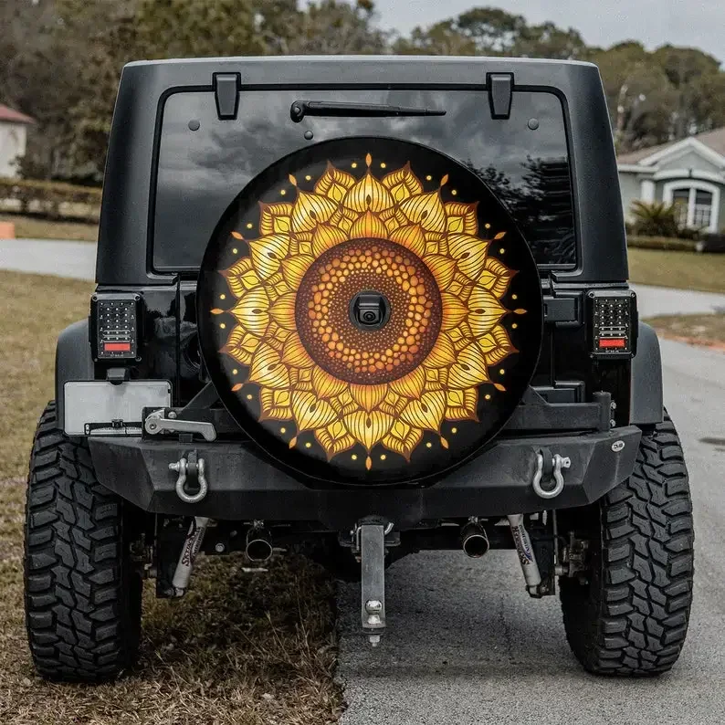 Spare Tire Cover Camper With Or Without Backup Camera Hole, Sunflower Mandala Spare Tire Cover For Bronco, Trailer, RV, Spare Ti