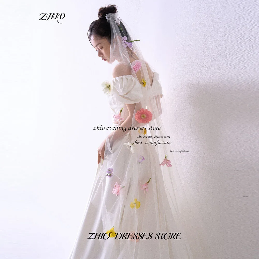

ZHIO White Satin Korean Wedding Strapless Puff Sleeve A-Line Customized Gowns Floor Length Wedding Dresses Snapback Gowns