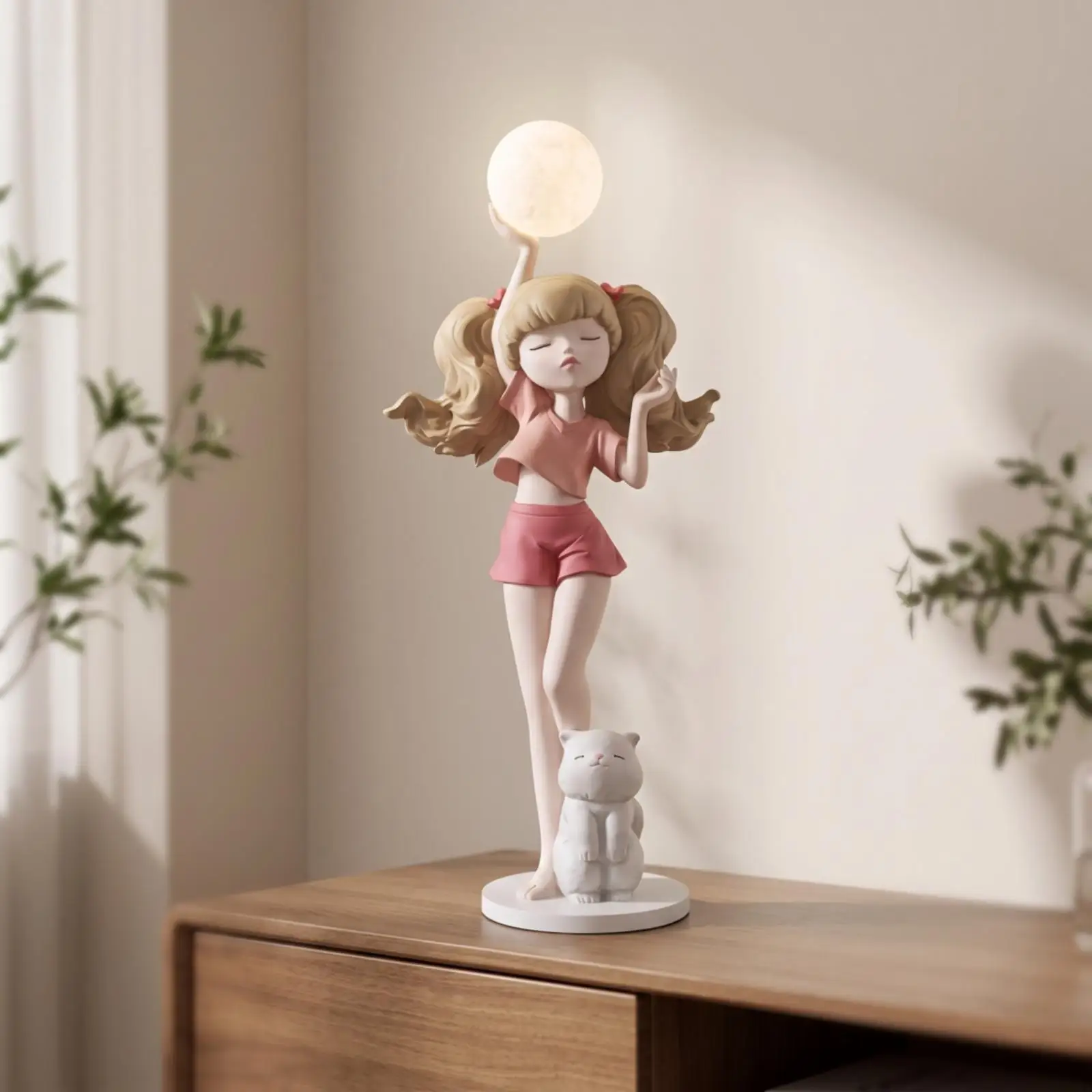 Elegant Girl Figurine Lamp with Cat Base Decorative Figurine Warm Ambient Light for Room Decoration and Living Decor view 5