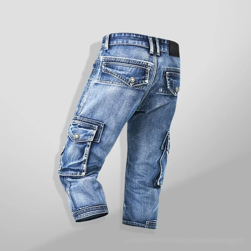 Men's Fashion Cargo Denim Shorts with Multi Pockets Slim Fit Jeans Shorts for Male Straight Long Blue Men Mid Calf Shorts