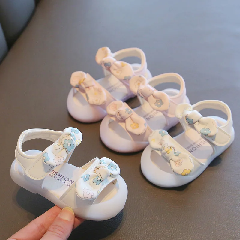 Baby Beach Shoes Non-slip Toes Capped Girls Walking Shoes with Flower 2025 Summer New Kids Sandals Double Bows Sweet Soft Sole