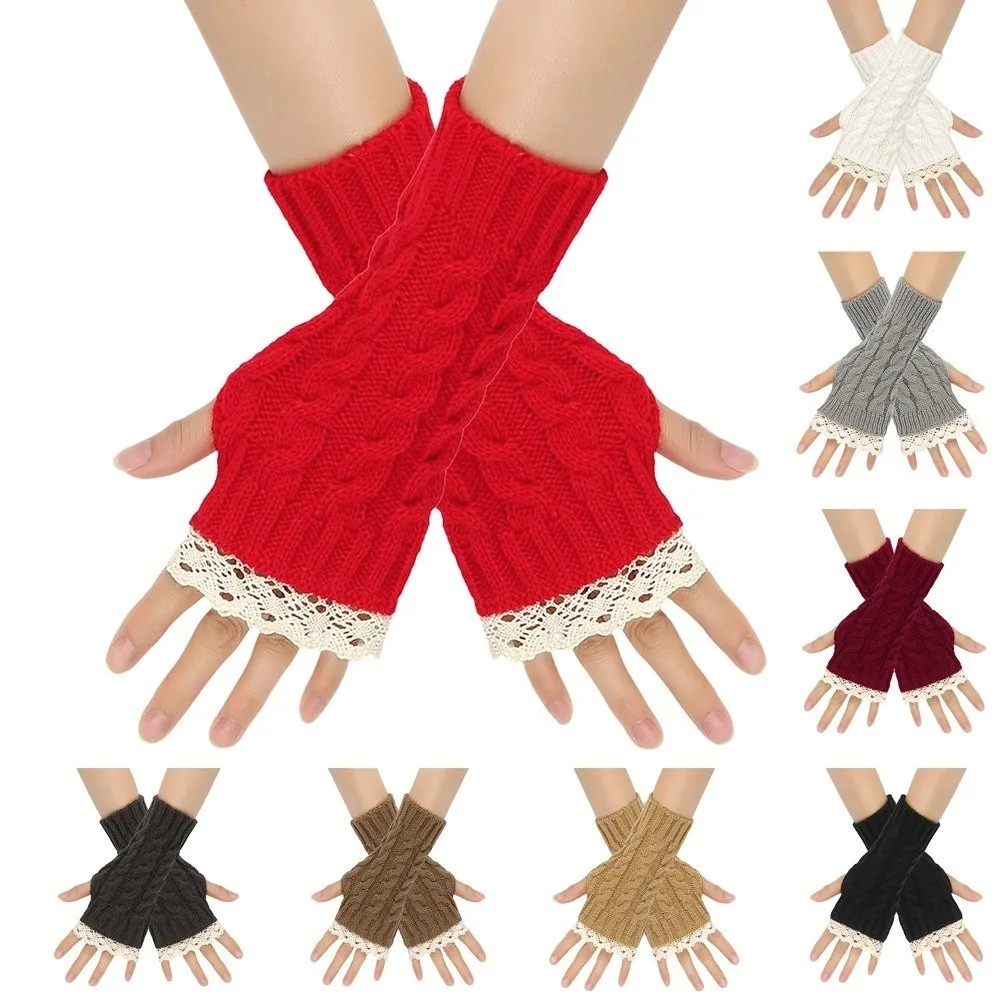 Fashion Lace Trim Fingerless Mittens Thicken Long Half Finger Gloves Warm Wrist Protection Wrist Mittens Women Use