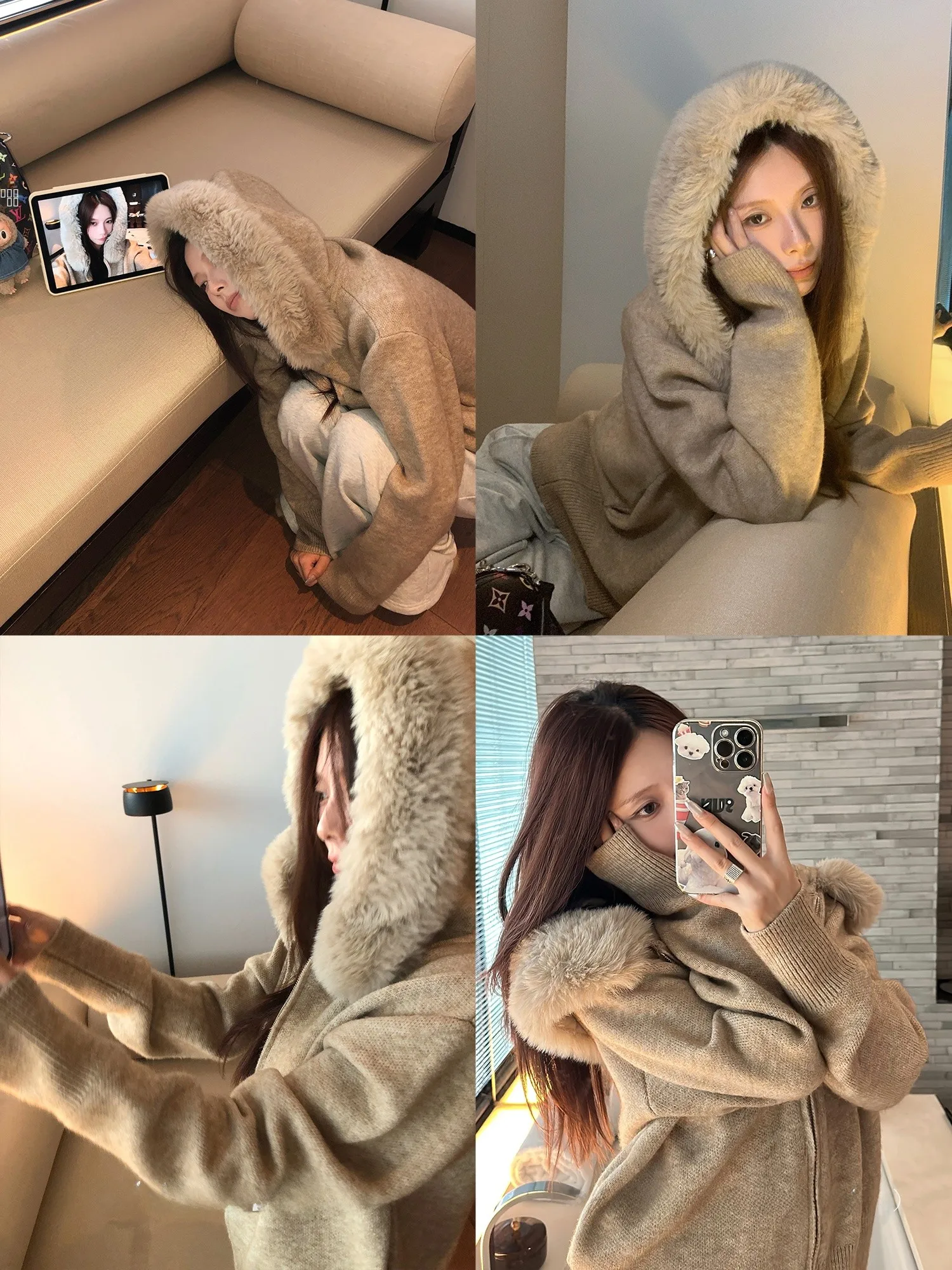 

SUONE Thiened Hooded Knitted Sweater Coat Lazy Sle Women's Autumn Winter New Loose Fit Cardigan with Fur Collar
