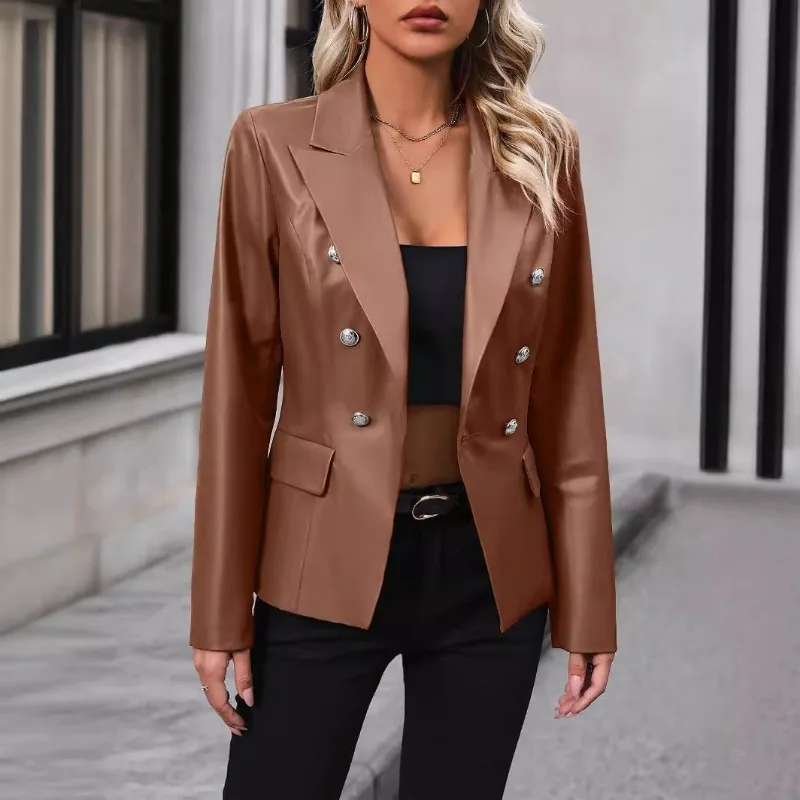 Autumn Women Clothing Double-breasted Blazer Leather Jacket Chic Streetwear PU Leather Motorcycle Jacket Slim Coats Long Sleeve