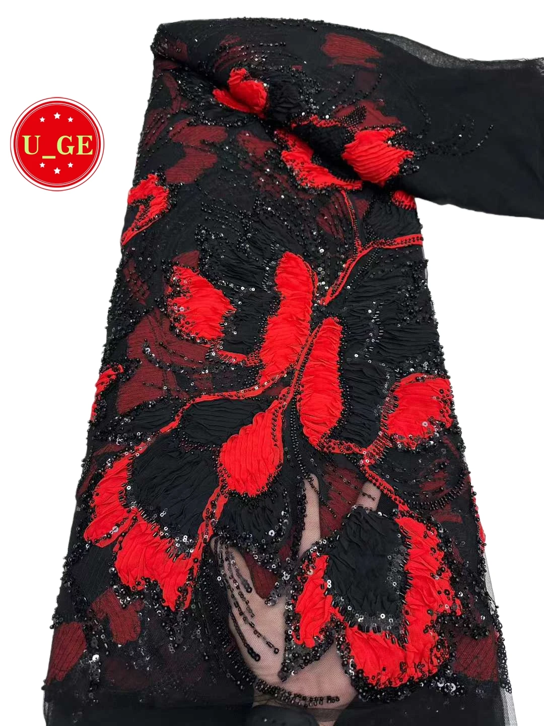 

2026 Популярная новейшая роскошная мягкая шифоновая кружевная ткань со сверкающими камнями — идеально подходит для свадебных платьев U_Ge9586