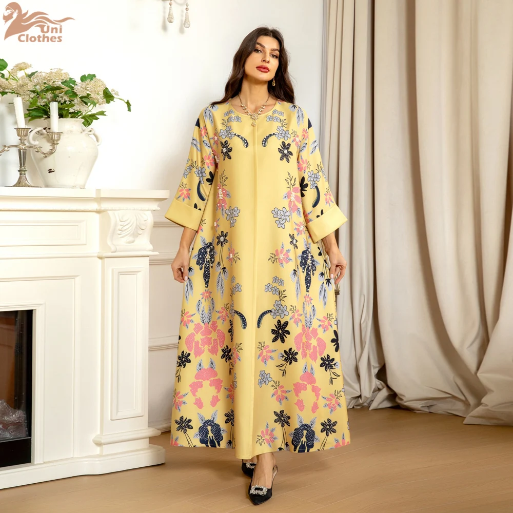 Fashion Muslim Woman Abayas Burn Flowers Hot Drill O-Neck Long Dresses Arabic Robe Jalabiya Morocan Islamic Kaftan 2024