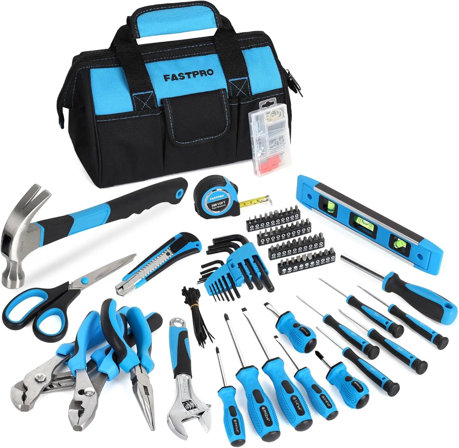 

220-Piece Home Tool Set Household Repairing Tool Kit with 12-Inch Wide Mouth Open Storage Tool Bag Blue