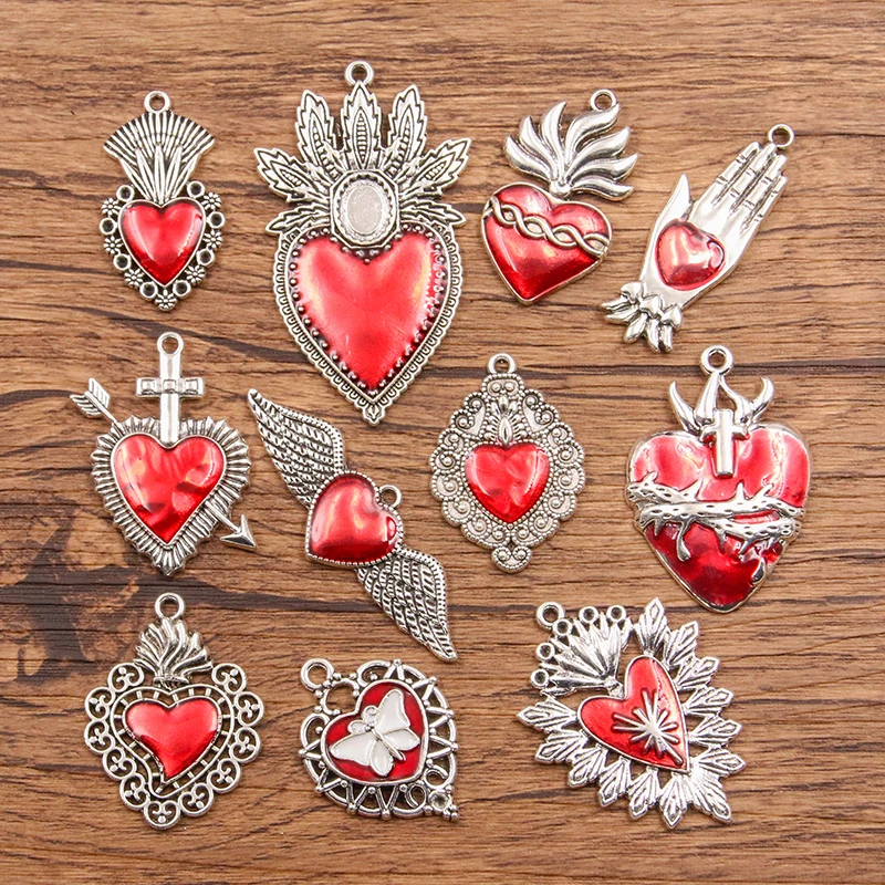 5Pcs Mix Size Wholesale Alloy Metal Drop Oil Red Heart Charm Red Color Pendant For Enamel DIY Bracelet Necklace Jewelry Making