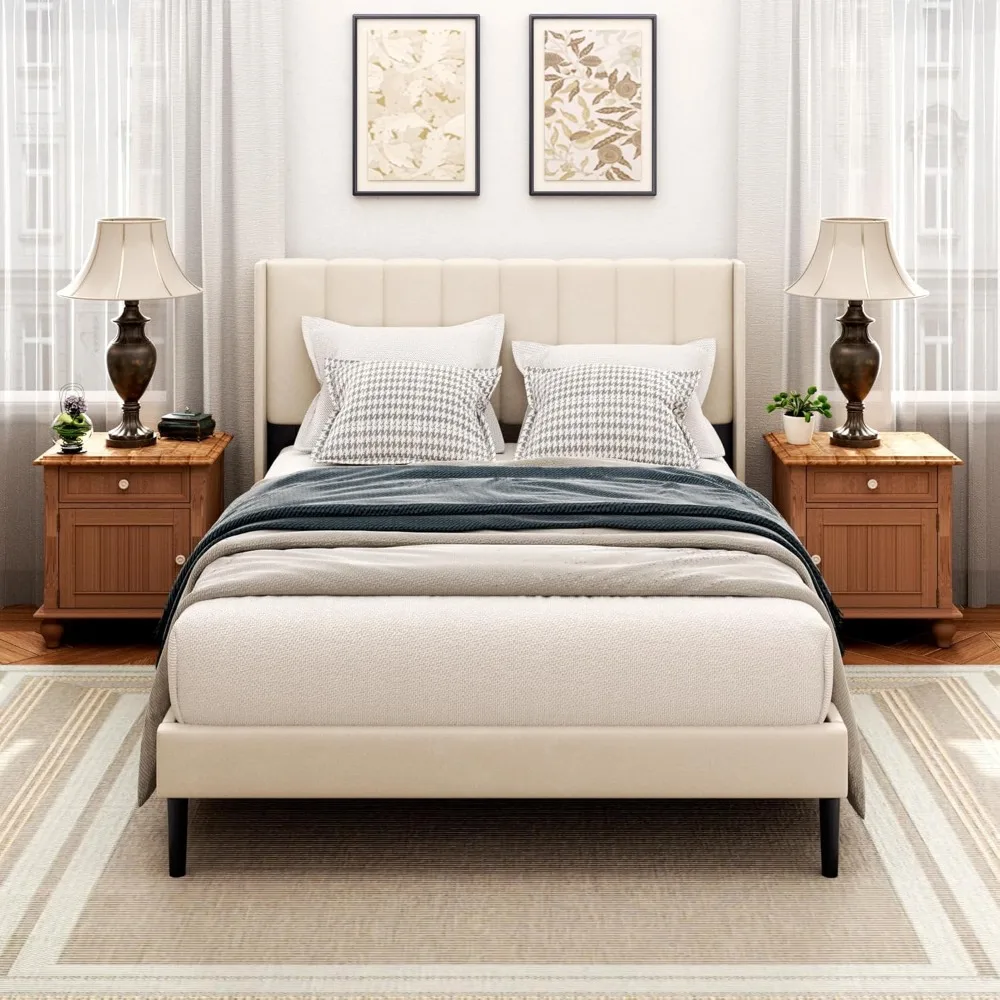 Queen Bed Frame with Headboard,Bed Frame Queen Size Vertical Channel Tufted Wingback No Box Spring Needed, Bed Frames