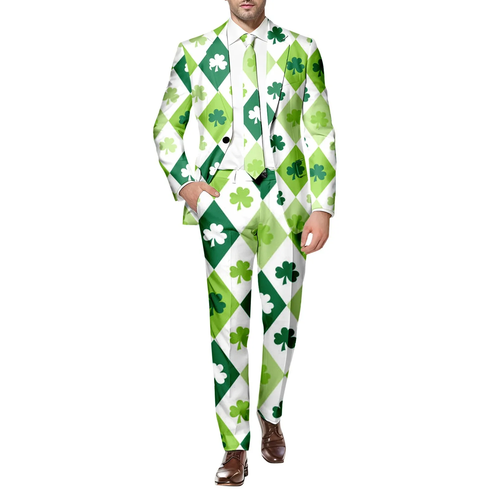 Mens Stage Prom Suits Jacket Pants Men Dance Festival 3.17 Happy St. Patrick’s Day Green Tee Print Party Costume Blazers Suits