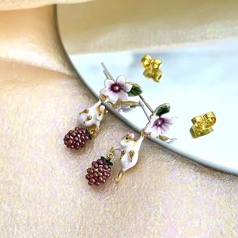 Lovely Vole With Purple Pearl Raspberry Enamel Hamster Earrings
