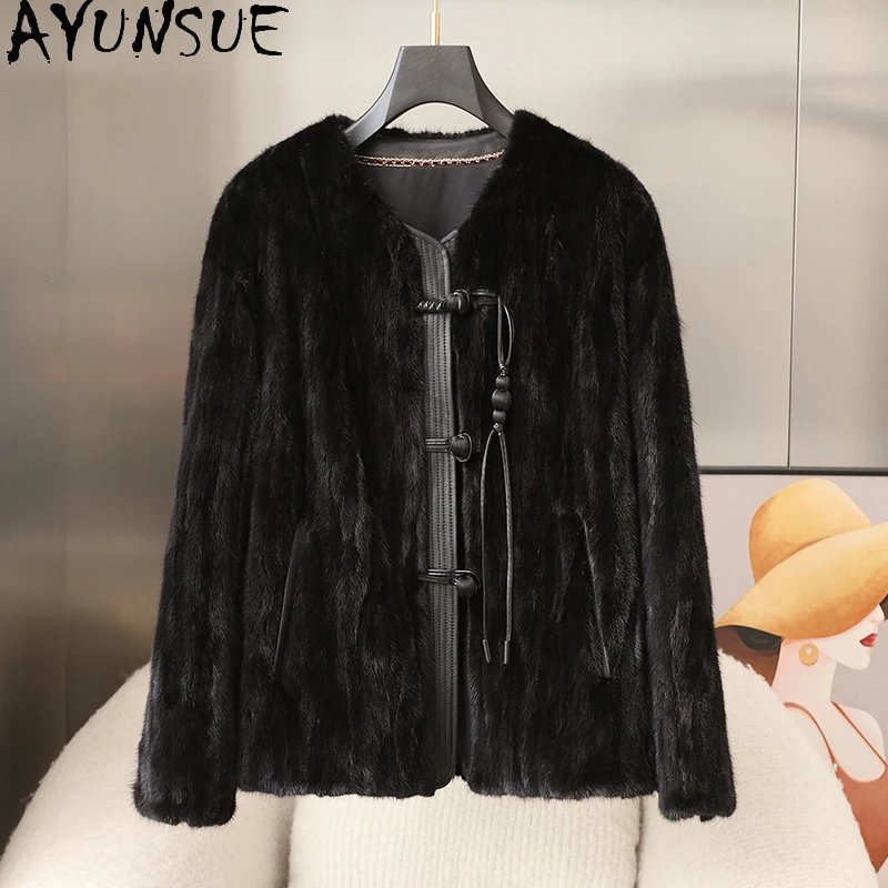 AYUNSUE Cappotto di Pelliccia di Visone Naturale Donna Breve 2025 Cappotto di Inverno per la Donna Cappotto di Pelliccia Nera Vestiti Delle Donne Femminile Echtpelz Mensola Damen