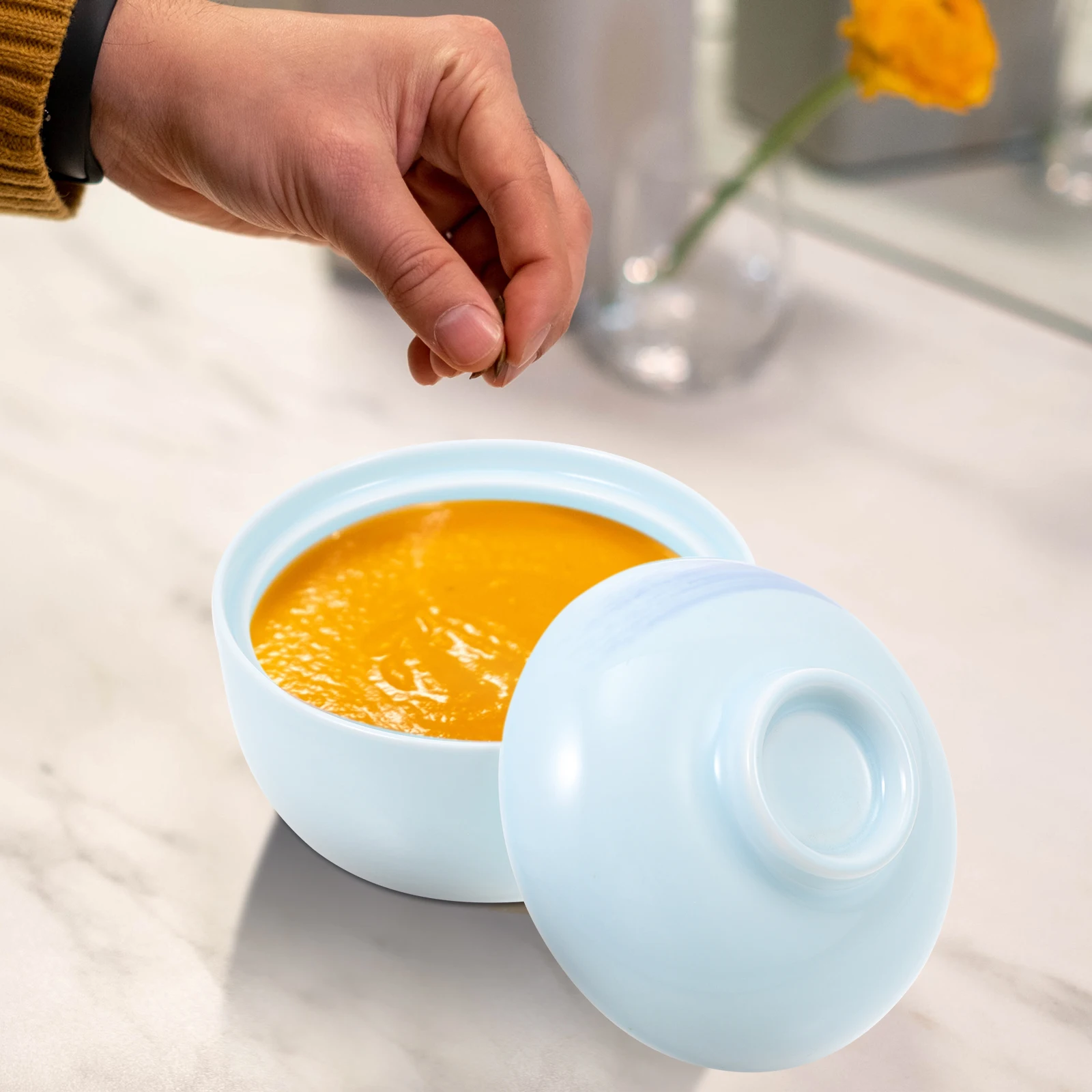 

1Pcs Japanese Style Ceramic Soup Bowl with Cover Stable Non Slip Thickened Heat Resistant Kitchen Tableware Multipurpose