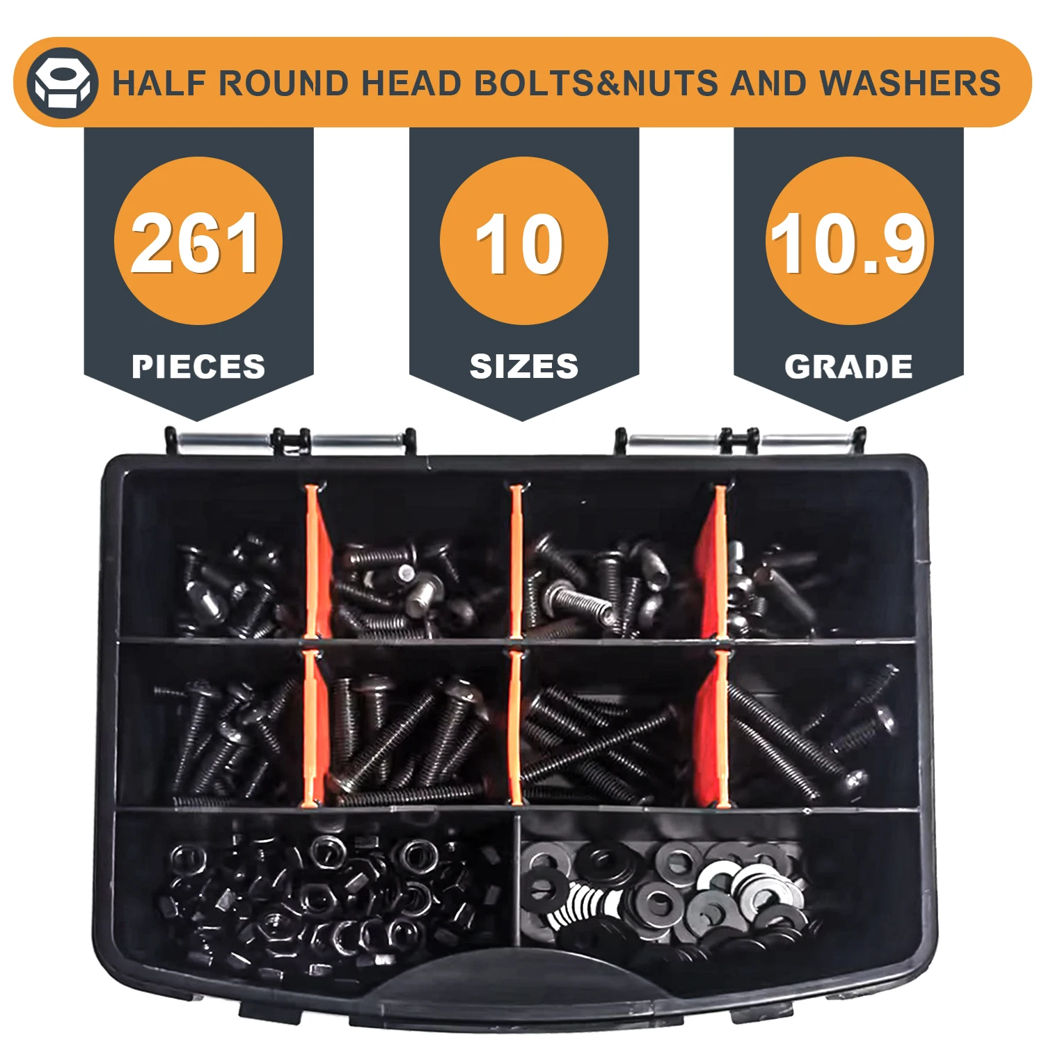 

261Pcs Push-Button Hex Screw, Black Oxide, Allen Drive, Hex Screw, Nut, Washer Sorting Kit, For Wood, Bicycle Repair
