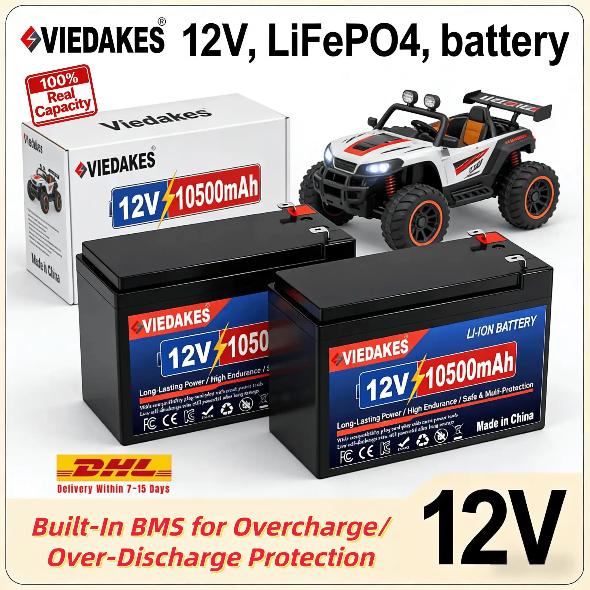 

VIEDAKES 12V LiFePO4 Battery 3S7P 10.5Ah 100% Real Capacity with Charger for Electric Sprayer Agricultural Water Pump Tools
