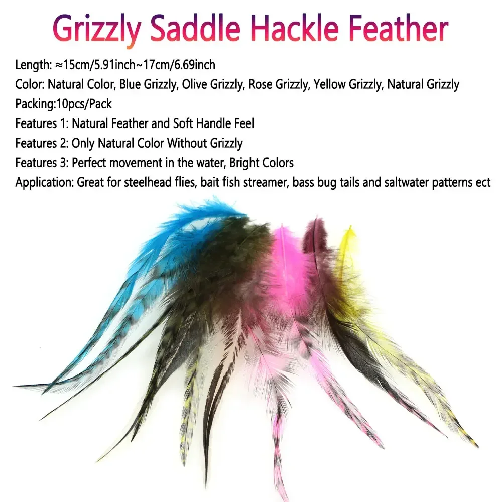 Bimoo 2/3Packs Grizzly Saddle Hackle Feather Rooster Hair Fly Tying Material For Bass Bug Pike Steelhead Flies Streamer