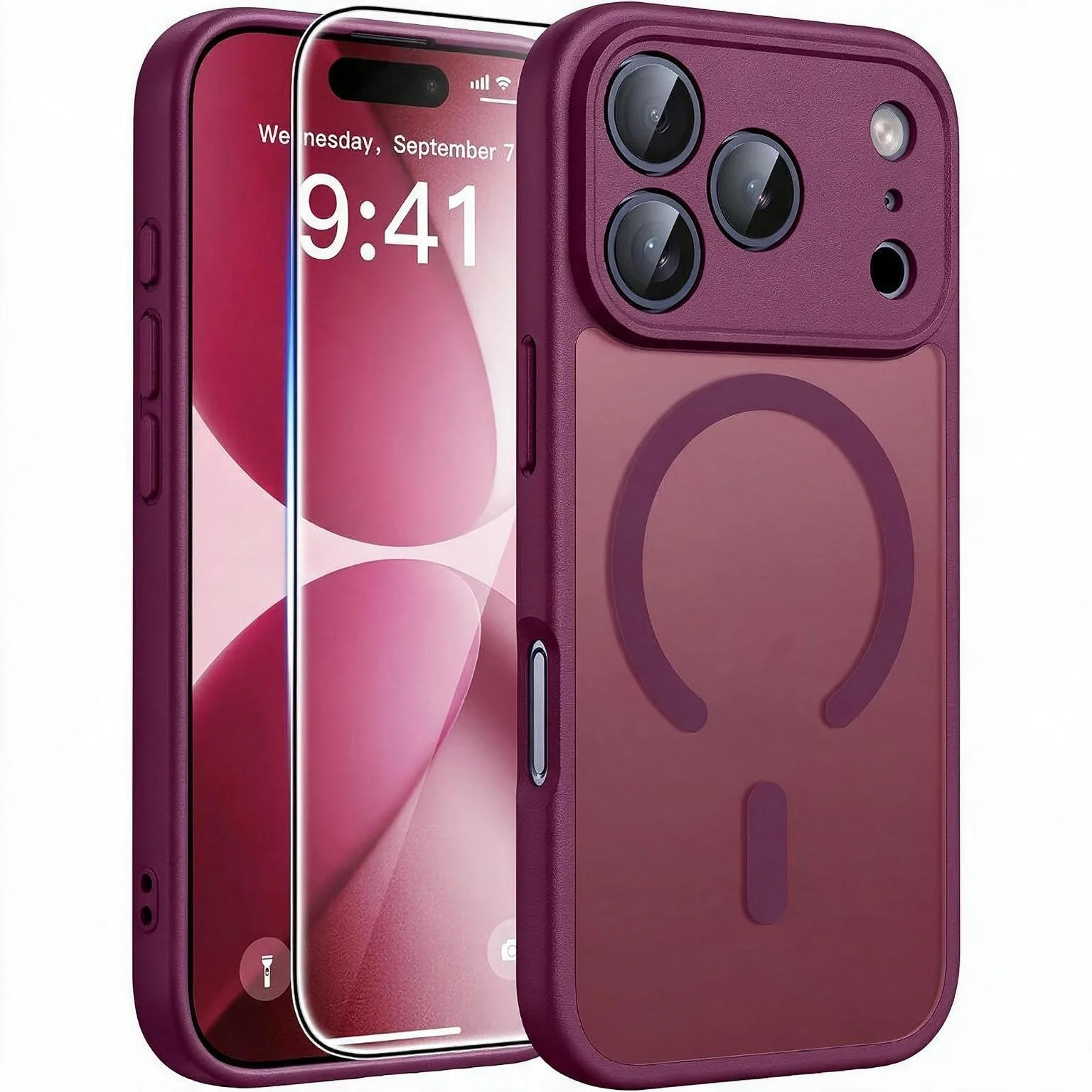 Set da 2 pezzi: custodia magnetica color borgogna per iPhone 18 Pro Max, 18 Pro, 17, 16, 15, 14, 13, 12 Pro, Pro Max, AIR, con pellicola protettiva in vetro temperato ad alta definizione, finitura