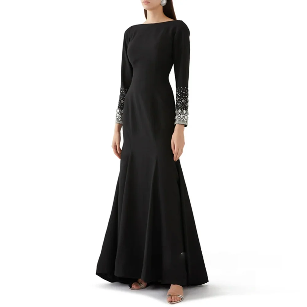 AdoreCustomized Arabisches Ballkleid mit U-Ausschnitt und langen Ärmeln, Kristallstein, saudfarbenes arabisches Abendkleid mit Umhang, schwarzes Meerjungfrau-Partykleid