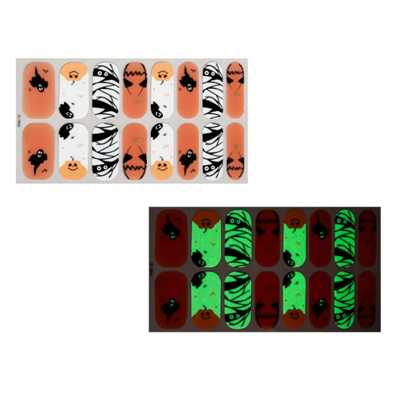 New Halloween Luminous Nail Oil Film Sticker Spider Pumpkin Ghosts Nail Decals Decorations Full Cover Adhesive Press On Nails