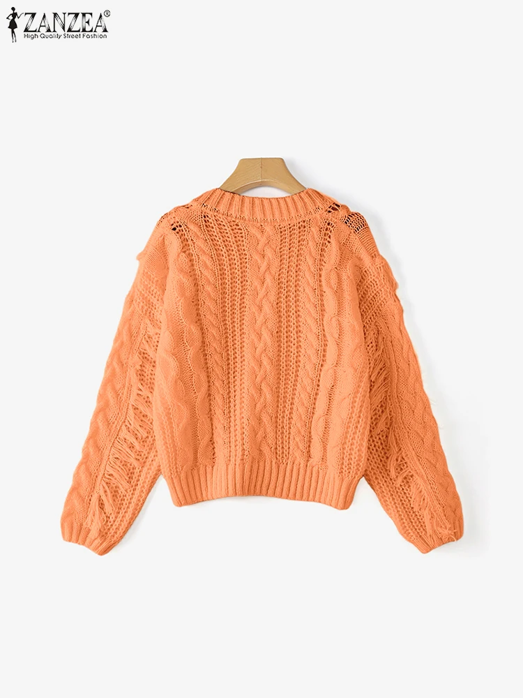 Women Fashion Autumn Knitted Sweaters ZANZEA 2025 Tassel Pullovers Casual Solid Long Sleeve Jumpers V-Neck Loose Elegant Shirts