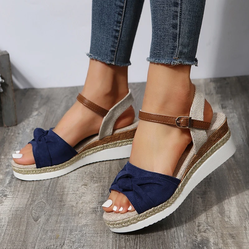 Platform Sandals In Summer Blend Colors for Women's Comfortable Mediterranean Heel Pedal Shoe Ankle Buckle Wedge Sandals