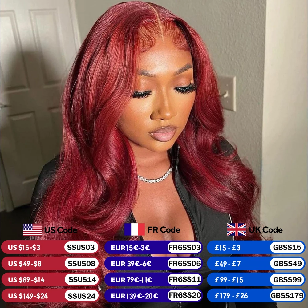 

Burgundy Lace Front Wigs Human Hair 13x6 180 Density 99J Body Wave 13x4 Lace Frontal Human Hair Wigs 100% Pre Plucked 34Inch Wig