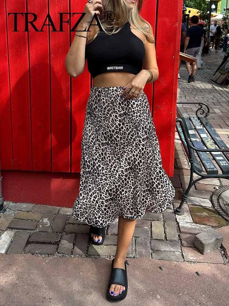 TRAFZA Female Street Chic Leopard Print Midi Skirts Summer Fashion Vintage Casual Hem Folds High Waist Zipper A-Line Skirt Y2K