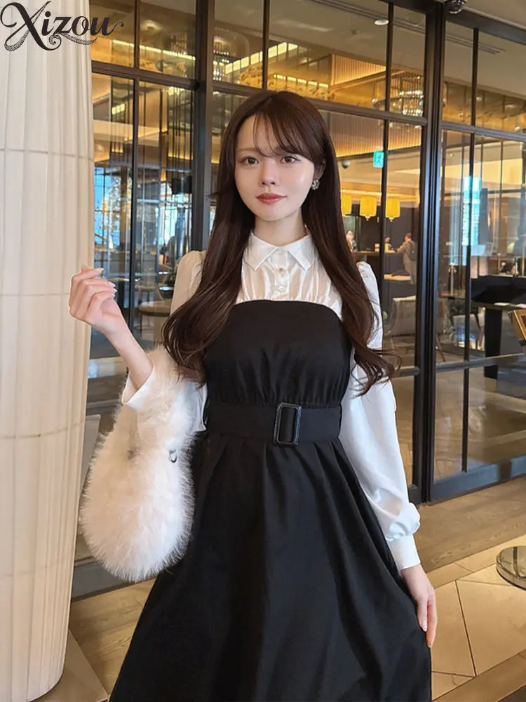 Słodka sukienka z kołnierzykiem, patchworkowa, damska, z kokardą, bufiastymi rękawami, z paskiem, z wysokim stanem, do pracy, w kształcie litery A, 2025, japońska, sznurowana, francuska.