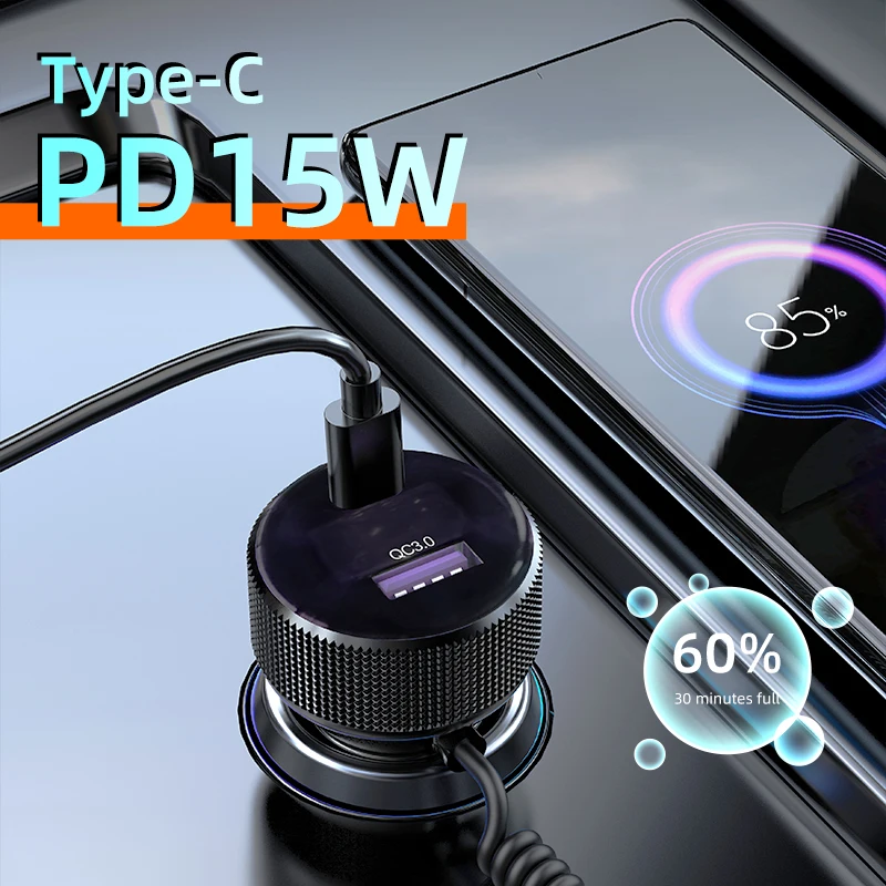 External Spring Charging Cable PD30W Multi-colour Ambient Light Fast Charging Car Charger