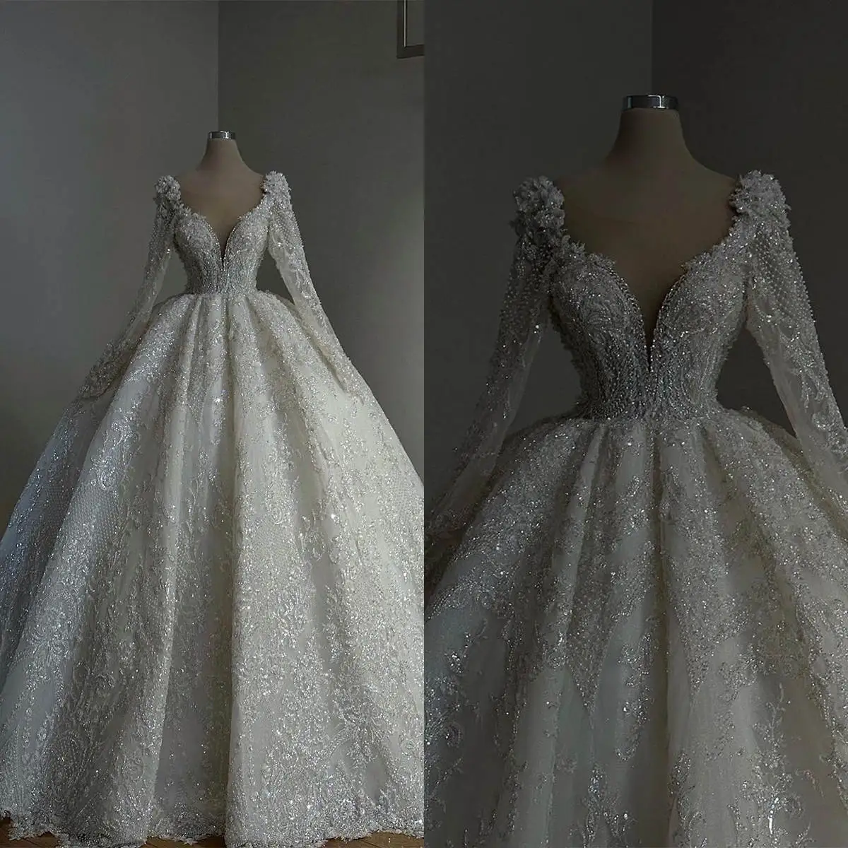 Exquisite Ballkleider, Applikationen, Perlen, Perlen, Pailletten, O-Ausschnitt, Hochzeitskleid, individuelle Falten, Sweep-Zug, Pailletten-Brautkleider