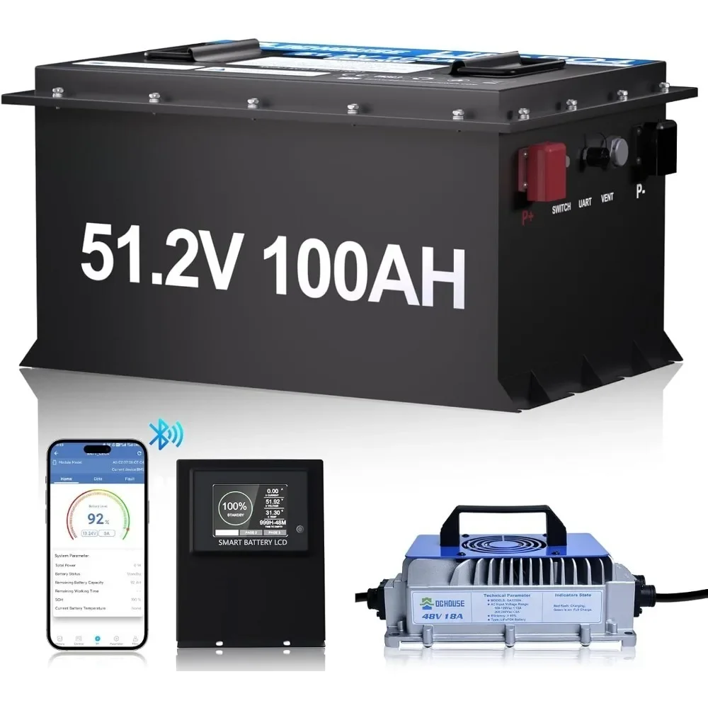 

100Ah Lithium Golf Cart Battery,Sturdy Metal Case Lifepo4 Battery with 48V 18A Charger,Bluetooth Mobile APP &Touch LCD Monitor