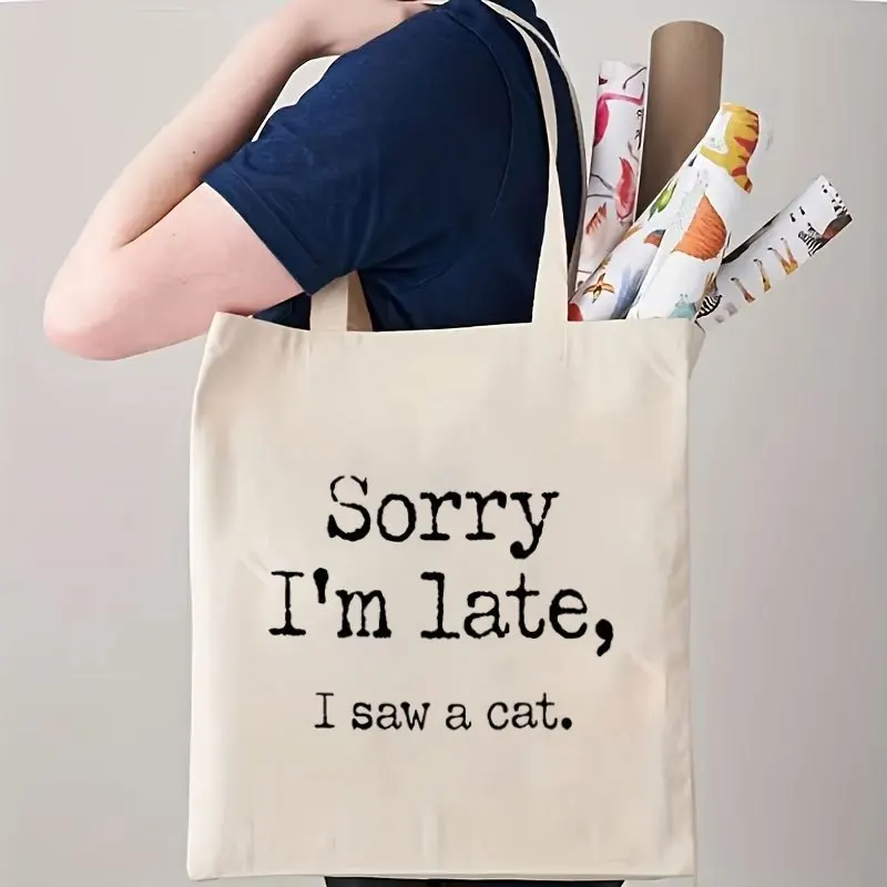 Sorry I'M Late, I Saw a Cat Tote Bag - Durable Machine Washable Khaki Casual Unisex Bag, Lightweight Cat-Themed Daily Commute, B