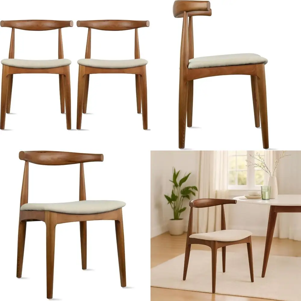 Par de sillas de comedor de madera con asientos acolchados de lino beige - Estilo de granja moderno