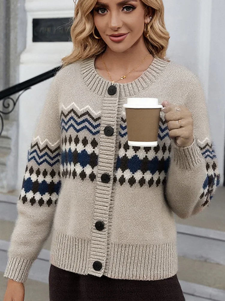 

Autumn Winter Printing Knitted Cardigan Sweater Women Casual Loose Long Sleeve Sweater Coat New Single Breasted Knit Tops