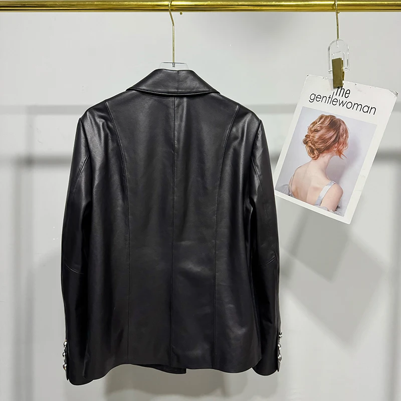 Giacca in vera pelle Donna Moda Bottoni colorati Piccola fragranza Vento Pianta Pelle di pecora curata Cappotto corto versatile nero sottile