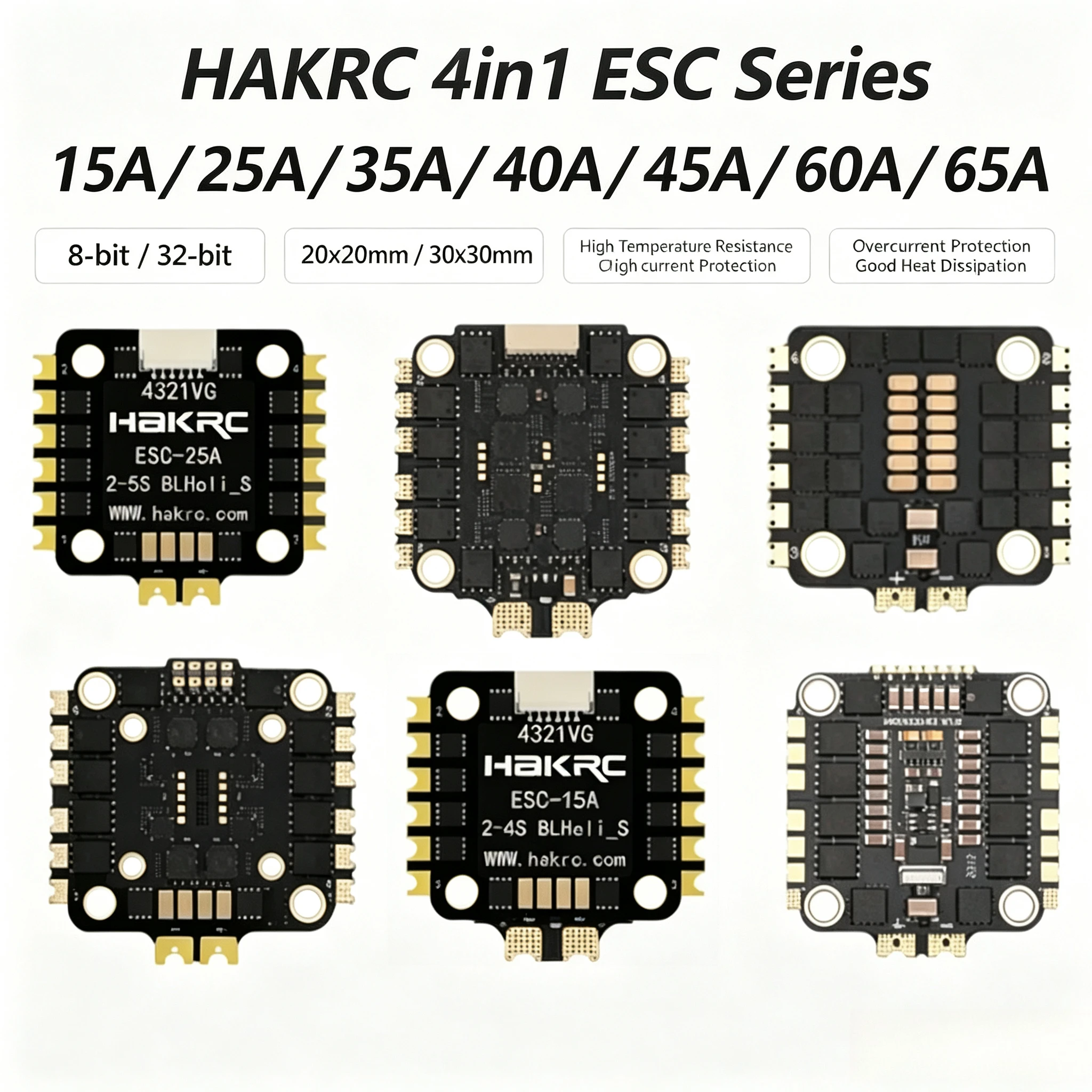 HAKRC 4in1 ESC 15A-65A 8-bit/32-bit BLHeli_S/BL32 2-8S 20*20/30*30mm FPV Racing Drone Speed Controller