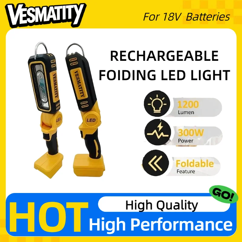 Multifunctional Portable Camping Light 90‑Degree Folding Emergency Work Flashlight Lighting Tool Compatible with 18V Battery