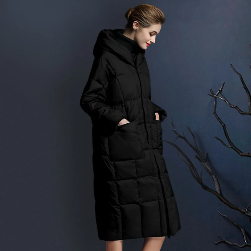 Luxuriöse hochwertige Daunenjacke für Damen, warmer Winter, über dem Knie, mit Kapuze, 90 % weiße Entendaunen, verdickter Mantel, trendige Pufferjacke