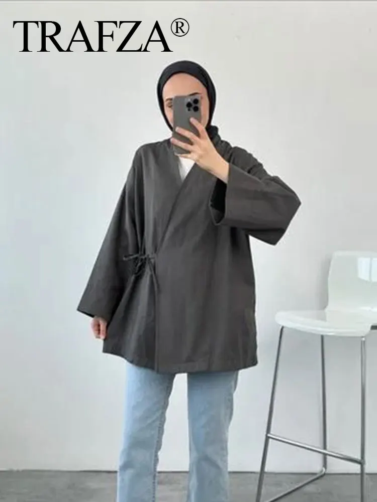 Womens Belt Pajamas Style Shirts Tops Chic Lady Spring 2024 New Fashion Female Solid Loose Casual V-Neck Long Sleeve Blouse