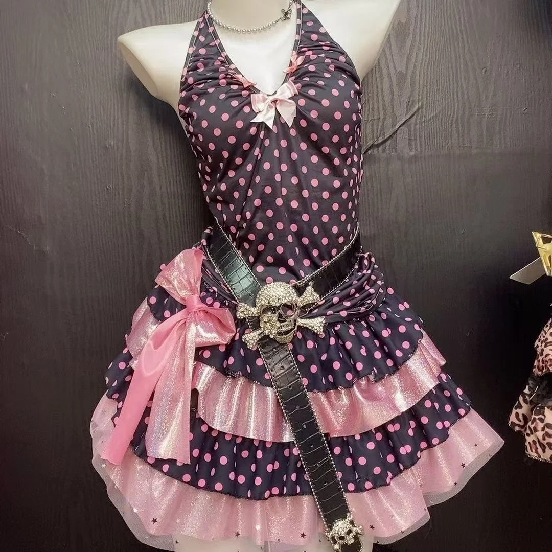 

Original Handmade Y2K Harajuku Spicy Girl Subculture Ne Hanging Knot Top Silk Cake Skirt Women's Faion