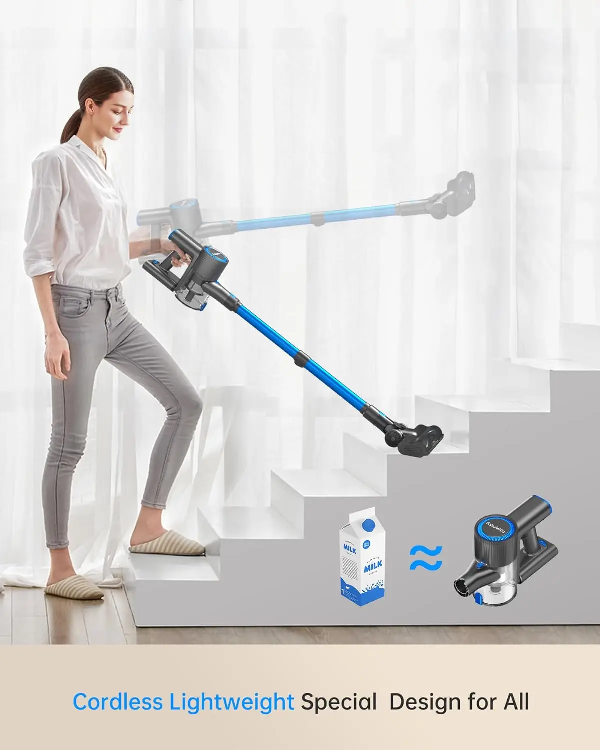 Cordless Vacuum Cleaner for Home, 400W Lightweight Vacuum Cleaner with MAX 47Min Detachable Battery, Brushless Motor, 6 in 1 Sti