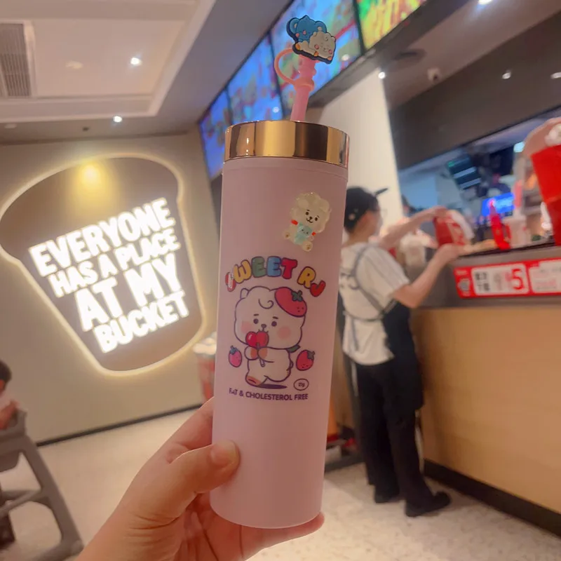 Kawaii Bt21Ed Anime Pp Environmental Protection Material Double-Layer Straw Cup Cute Cartoon Large-Capacity Accompanying Cup