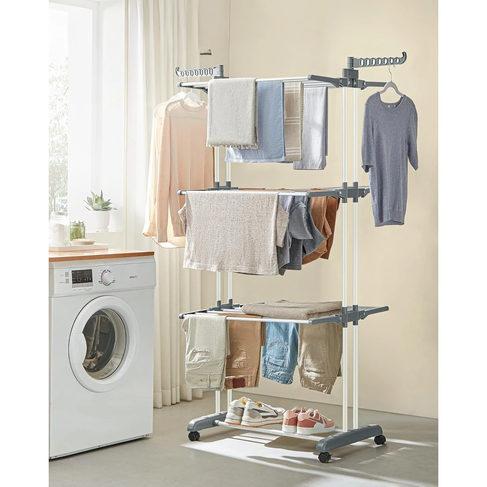 Clothes Drying Rack Stand 4-Tier, Foldable Laundry Drying Rack 67.7-Inch Tall, Steel, Rolling Clothes Horses Dryer Rack