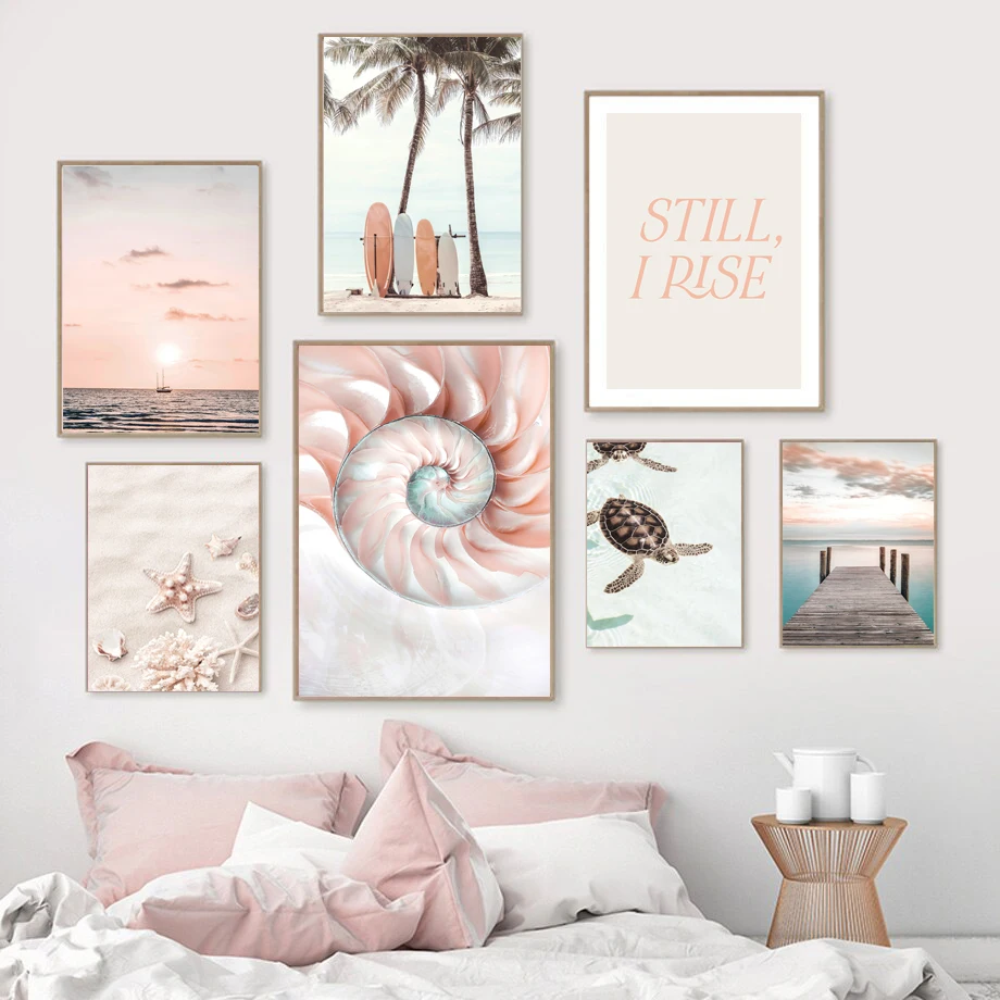 Beach Sea Wave Bridge Starfish Shell Posters Pink Ocean Sunset Wall Art Canvas Painting Prints Picture Nordic Room Home Decor