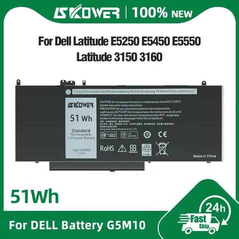 SKOWER 51Wh G5M10 Laptop Battery for Dell Latitude 3150 3160 E5250 E5450 E5550 Series WYJC2 1KY05 451-BBLN 451-BBLL 38Wh RYXXH